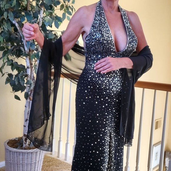 Black Sequin Halter Evening Gown - Picture 1 of 12